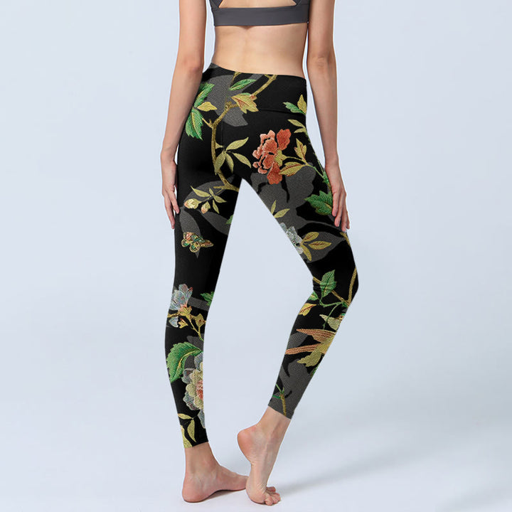 Leggings de yoga para mujer con estampado clásico de flores, hojas, mariposas y pájaros de Buddha Stones - image 4