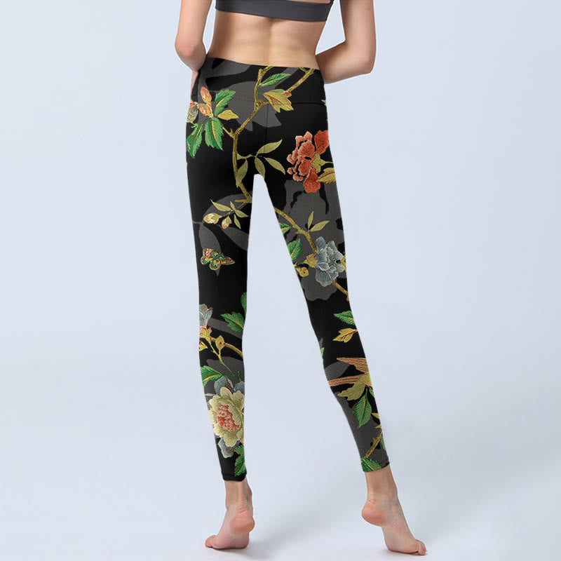 Leggings de yoga para mujer con estampado clásico de flores, hojas, mariposas y pájaros de Buddha Stones - image 6