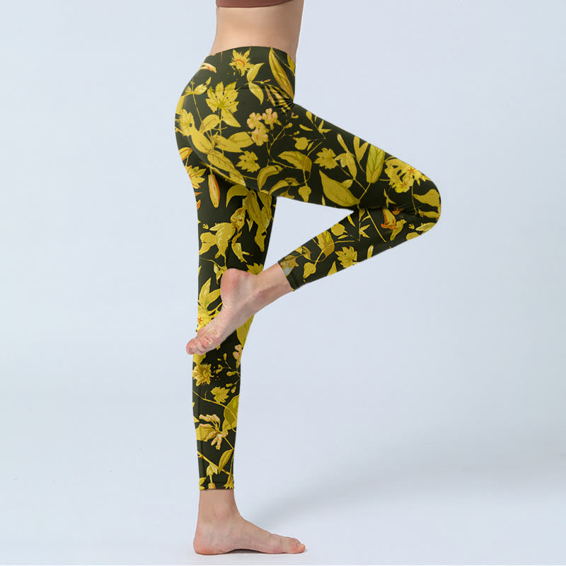 Leggings de yoga para mujer con estampado de flores, hojas y pájaros de Buddha Stones - image 3