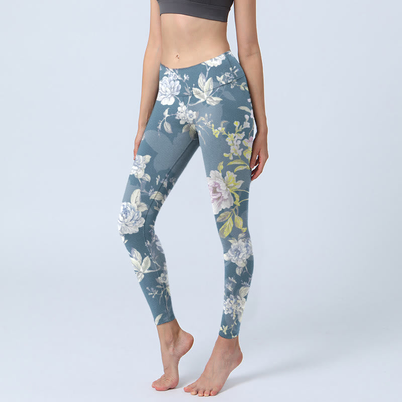 Leggings de yoga para mujer con estampado de hojas y flores de colores suaves y Buddha Stones - Azul acero - US18，UK/AU22，EU50 (4XL) - image 0