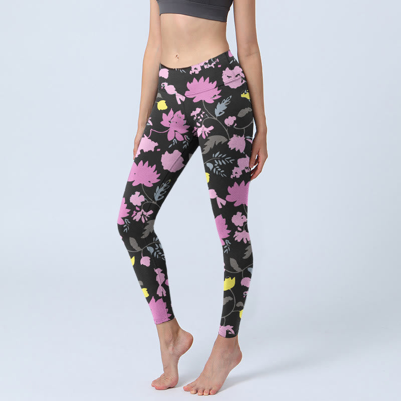 Leggings de yoga para mujer con estampado de hojas y flores de colores suaves en estilo acuarela con Buddha Stones - Negro - US18，UK/AU22，EU50 (4XL) - image 0