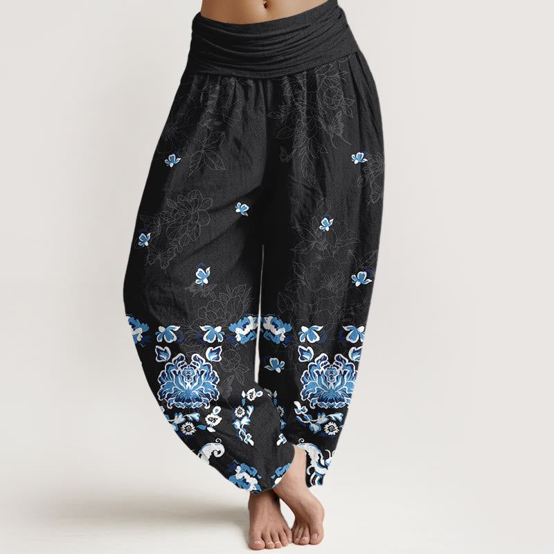 Pantalones Buddha Stones de algodón puro con estampado clásico de flores y mariposas para mujer, cintura elástica - Negro - US16，UK/AU20，EU48 (3XL) - image 0