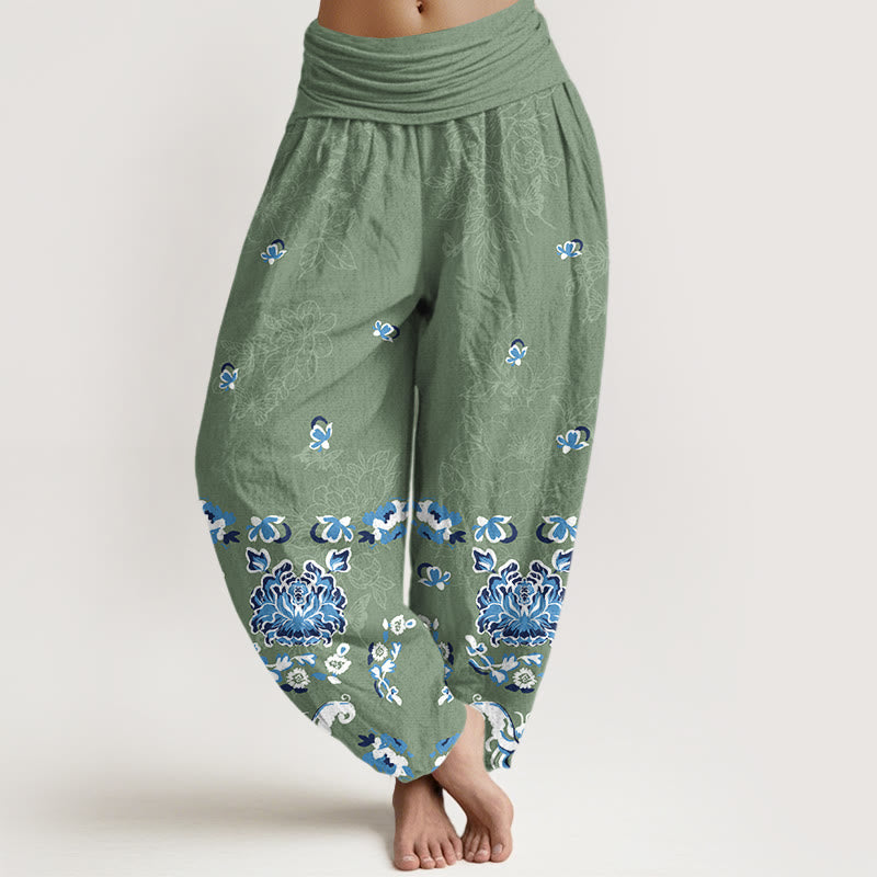 Pantalones Buddha Stones de algodón puro con estampado clásico de flores y mariposas para mujer, cintura elástica - Verde mar medio - US16，UK/AU20，EU48 (3XL) - image 5
