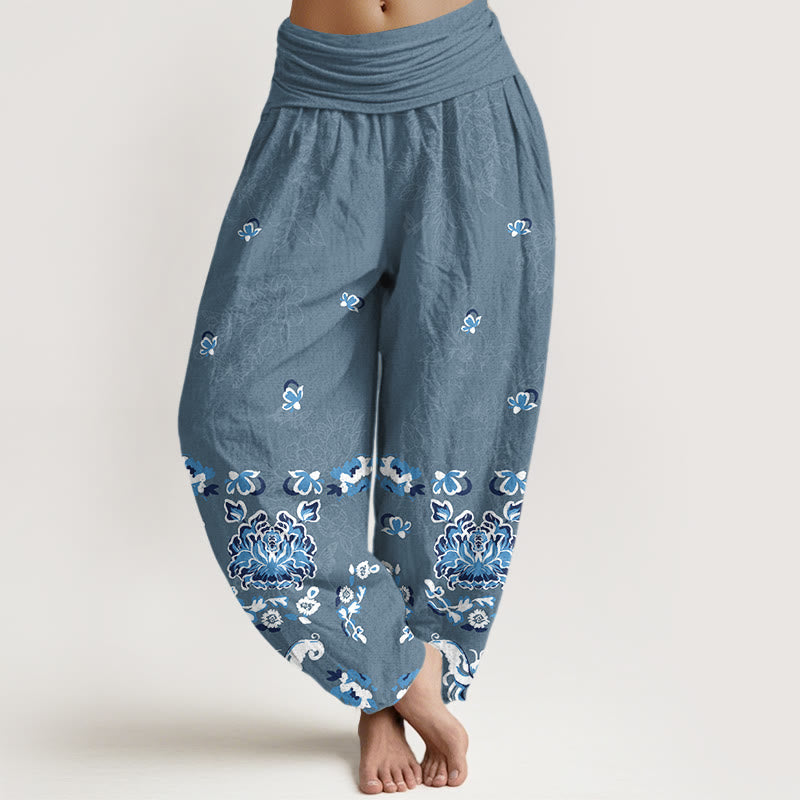 Pantalones Buddha Stones de algodón puro con estampado clásico de flores y mariposas para mujer, cintura elástica - Azul acero - US16，UK/AU20，EU48 (3XL) - image 8