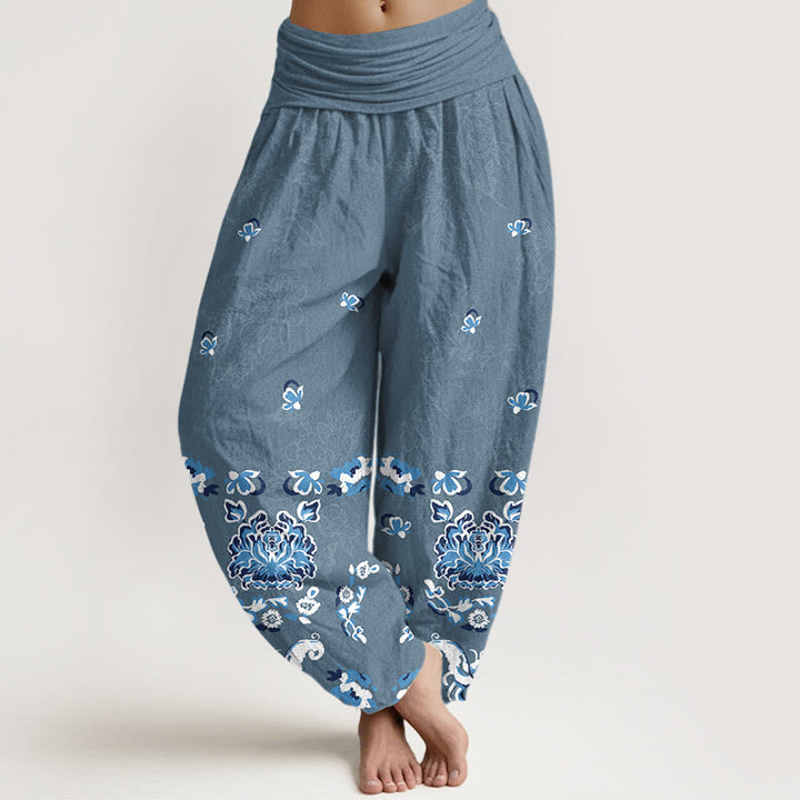 Pantalones Buddha Stones de algodón puro con estampado clásico de flores y mariposas para mujer, cintura elástica - Azul acero - US16，UK/AU20，EU48 (3XL) - image 8