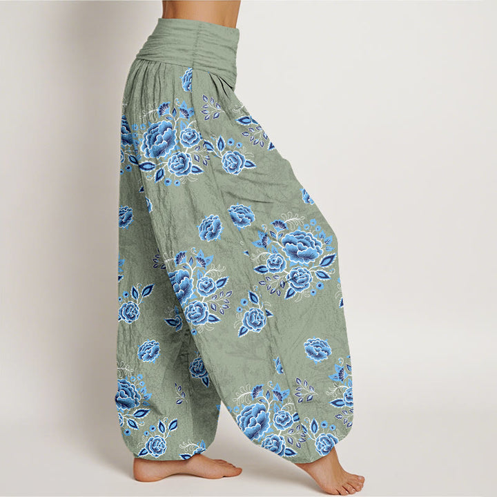 Pantalones harén de algodón puro con estampado floral azul de Buddha Stones para mujer, cintura elástica - image 7