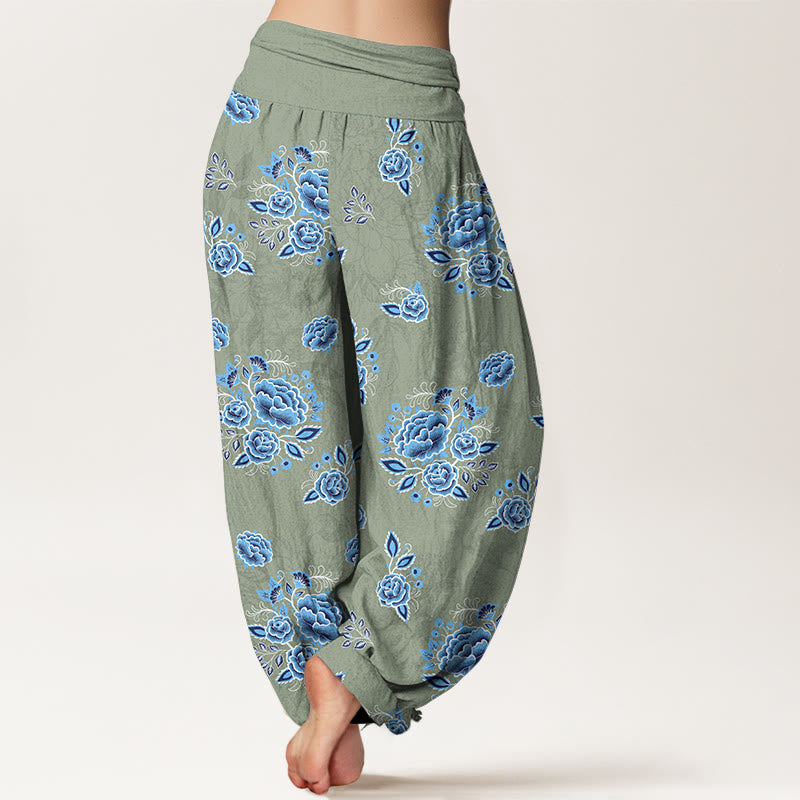 Pantalones harén de algodón puro con estampado floral azul de Buddha Stones para mujer, cintura elástica - image 6