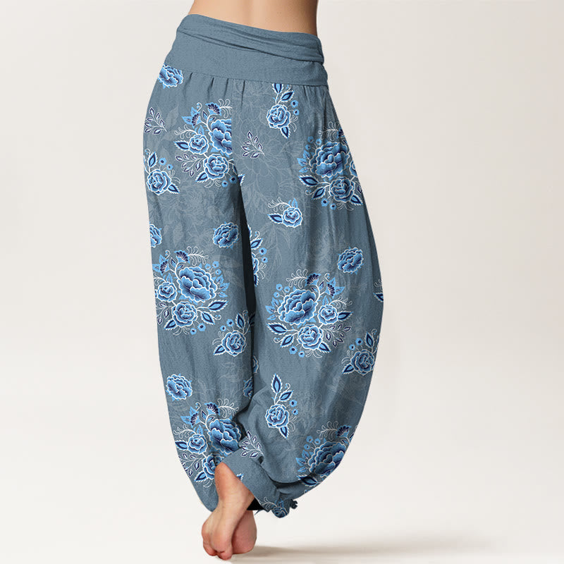Pantalones harén de algodón puro con estampado floral azul de Buddha Stones para mujer, cintura elástica - image 9