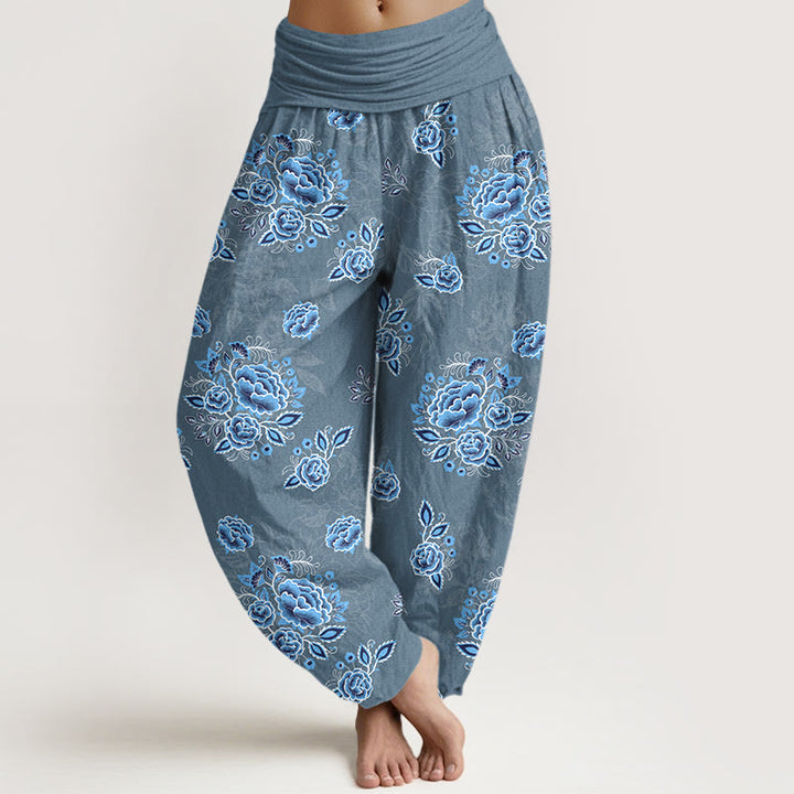 Pantalones harén de algodón puro con estampado floral azul de Buddha Stones para mujer, cintura elástica - Azul acero - US16，UK/AU20，EU48 (3XL) - image 8