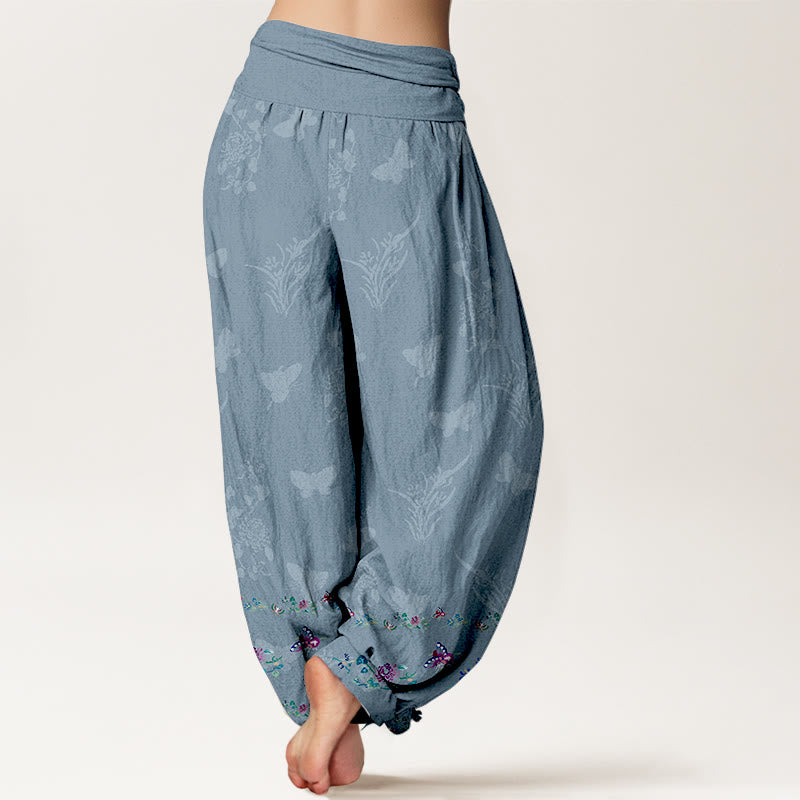 Pantalones harén de algodón puro con Buddha Stones, diseño de mariposas y flores, cintura elástica, para mujer - image 6