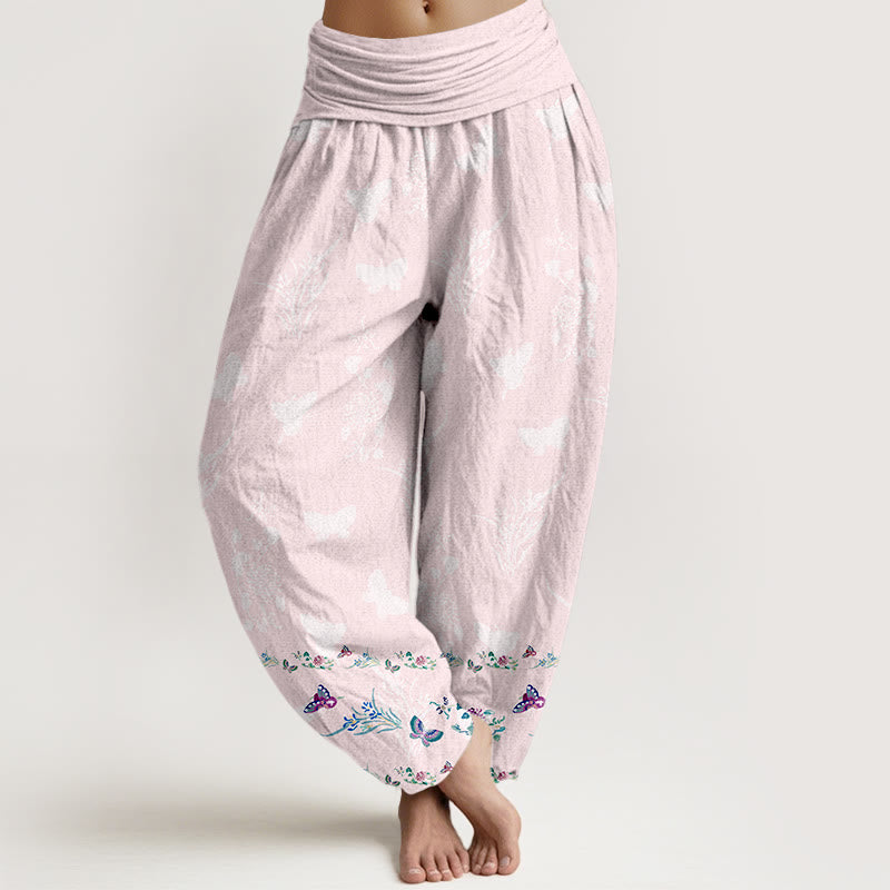 Pantalones harén de algodón puro con Buddha Stones, diseño de mariposas y flores, cintura elástica, para mujer - MistyRose - US16，UK/AU20，EU48 (3XL) - image 8