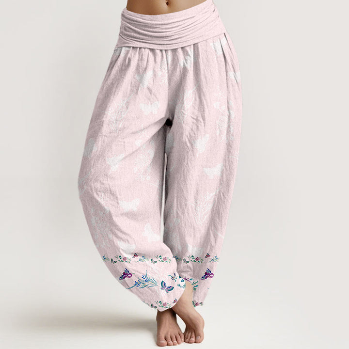 Pantalones harén de algodón puro con Buddha Stones, diseño de mariposas y flores, cintura elástica, para mujer - MistyRose - US16，UK/AU20，EU48 (3XL) - image 8