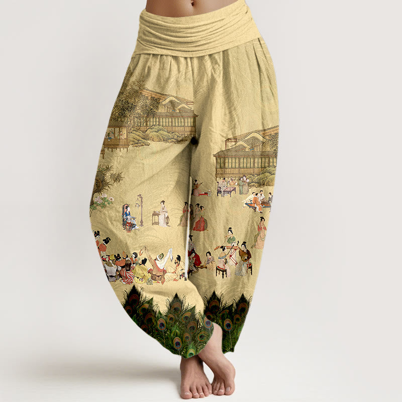 Pantalones harén de algodón puro con Buddha Stones , colores suaves, personas, edificios, plumas de pavo real, árboles, flores y rocas, cintura elástica para mujer - Caqui - US16，UK/AU20，EU48 (3XL) - image 0