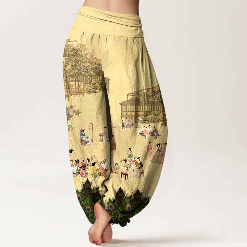 Pantalones harén de algodón puro con Buddha Stones , colores suaves, personas, edificios, plumas de pavo real, árboles, flores y rocas, cintura elástica para mujer - image 1