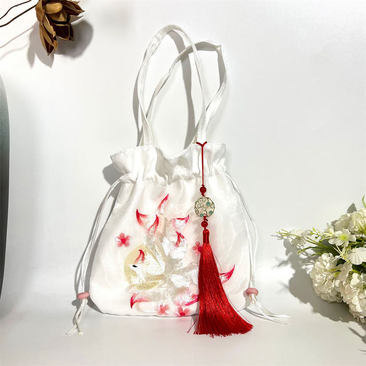 Buddha Stones Suzhou bordado Lotus Deer Epiphyllum peonía conejo algodón lino bolso bandolera bolso de hombro - Zorro blanco de nueve colas 21*22cm - image 22