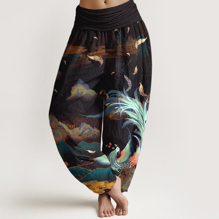 Pantalones Buddha Stones de algodón puro con diseño de nubes y montañas de fénix para mujer, cintura elástica - Negro - US16，UK/AU20，EU48 (3XL) - image 5