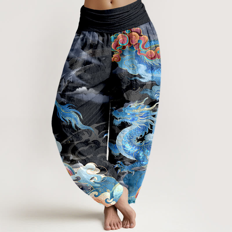 Pantalones Buddha Stones de algodón puro con diseño de dragón, nube y arcoíris, con cintura elástica, para mujer - Negro - US16，UK/AU20，EU48 (3XL) - image 8
