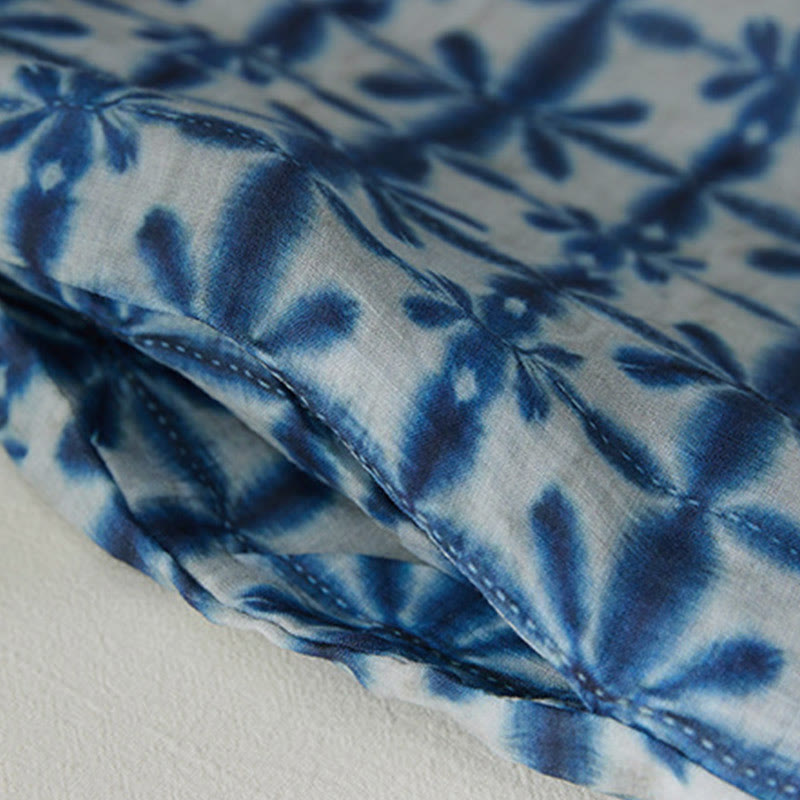 Vestido midi de manga corta con bolsillos y diseño circular de cuello alto con rayas florales azules de verano de Buddha Stones - image 3