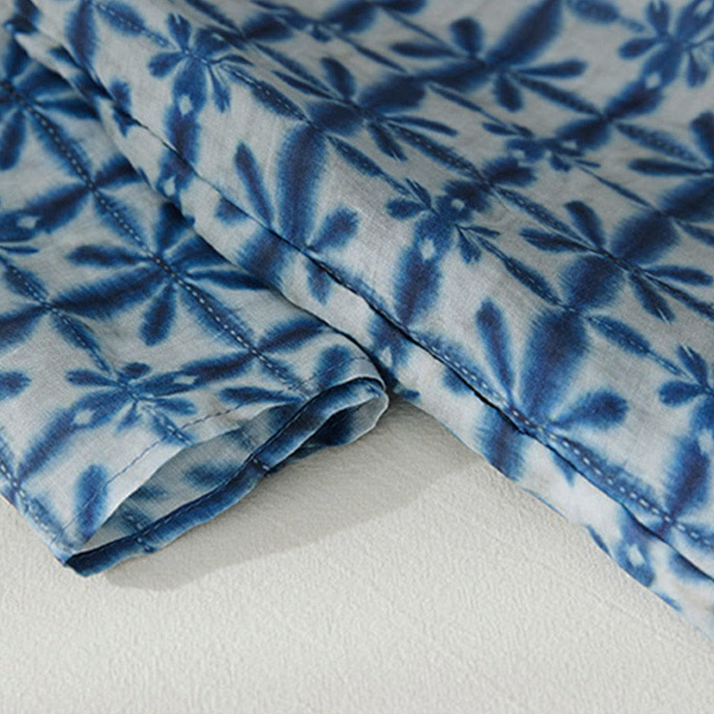 Vestido midi de manga corta con bolsillos y diseño circular de cuello alto con rayas florales azules de verano de Buddha Stones - image 4