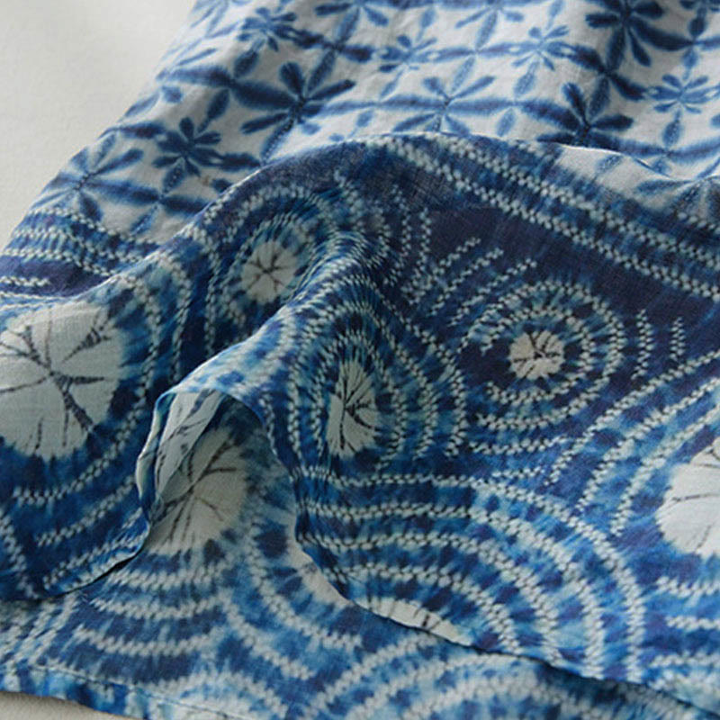 Vestido midi recto de manga corta con estampado floral azul y rayas de Buddha Stones, forma circular, cuello alto y bolsillos. - image 6