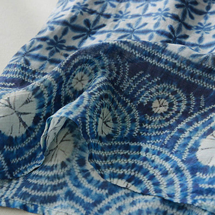 Vestido midi recto de manga corta con estampado floral azul y rayas de Buddha Stones, forma circular, cuello alto y bolsillos. - image 6