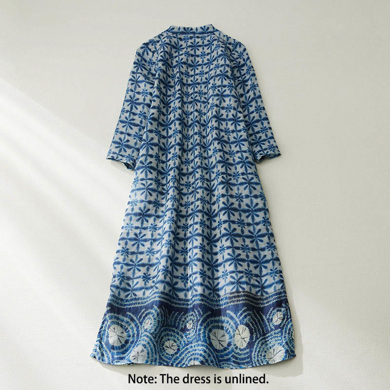 Vestido midi recto de manga corta con estampado floral azul y rayas de Buddha Stones, forma circular, cuello alto y bolsillos. - image 1