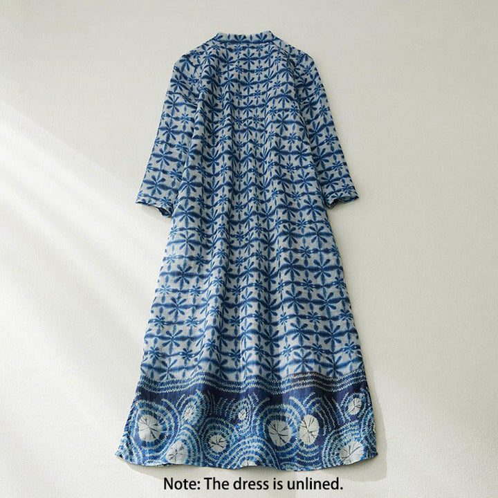 Vestido midi de manga corta con bolsillos y diseño circular de cuello alto con rayas florales azules de verano de Buddha Stones - image 1