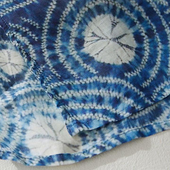 Vestido midi de manga corta con bolsillos y diseño circular de cuello alto con rayas florales azules de verano de Buddha Stones - image 5