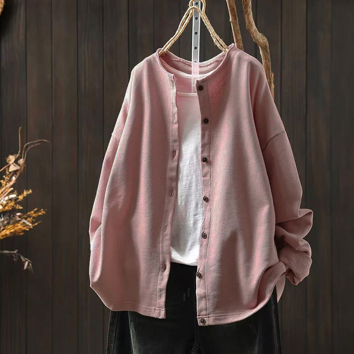 Camisa de algodón para mujer, de manga larga, cuello redondo y botones, con estampado de Buddha Stones - Rosa - US4-8/10, UK/AU8-12/14, EU36-40/42 (F) - image 1