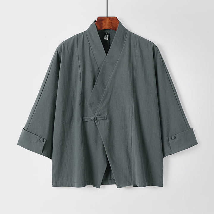 Chaqueta kimono de algodón y lino para hombre, estilo chino, con botones de rana y Buddha Stones, de media manga - Cadete Azul - US/UK/AU54, EU64 (9XL) - image 1