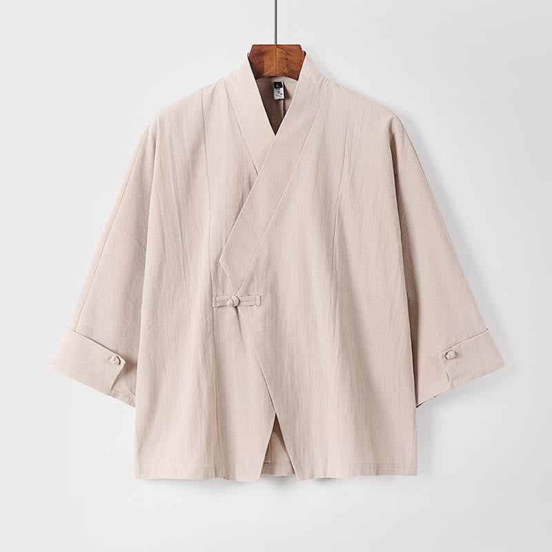 Chaqueta kimono de algodón y lino para hombre, estilo chino, con botones de rana y Buddha Stones, de media manga - Beige - US/UK/AU54, EU64 (9XL) - image 11