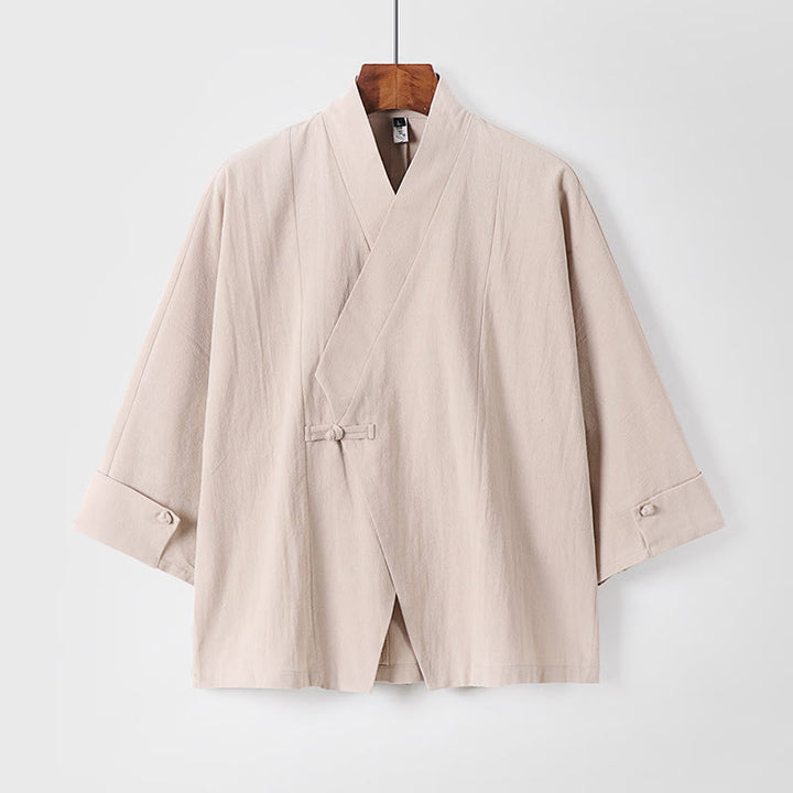 Chaqueta kimono de algodón y lino para hombre, estilo chino, con botones de rana y Buddha Stones, de media manga - Beige - US/UK/AU54, EU64 (9XL) - image 11