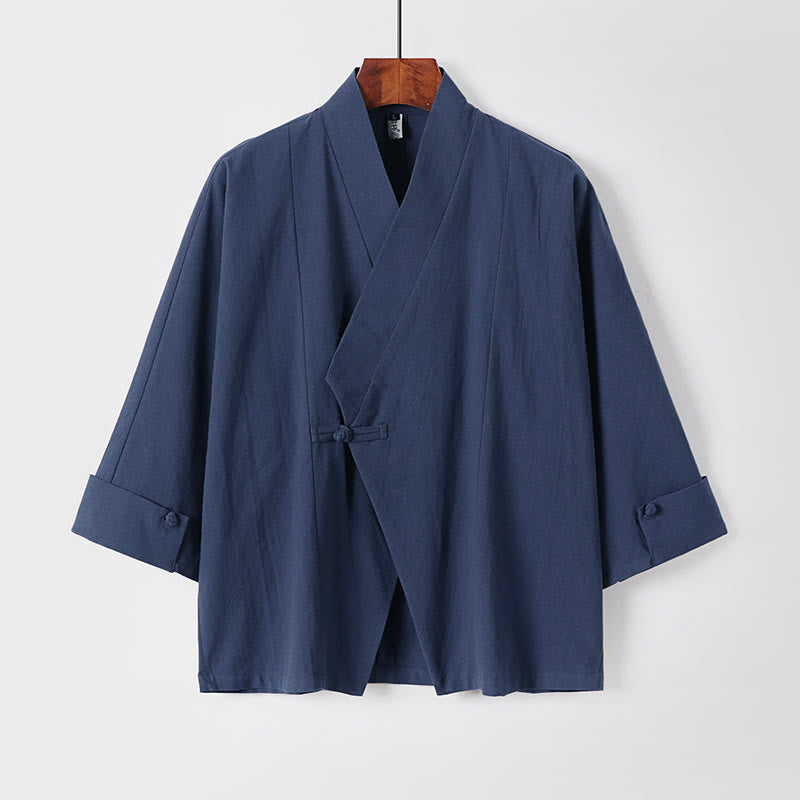 Chaqueta kimono de algodón y lino para hombre, estilo chino, con botones de rana y Buddha Stones, de media manga - Azul acero - US/UK/AU54, EU64 (9XL) - image 0