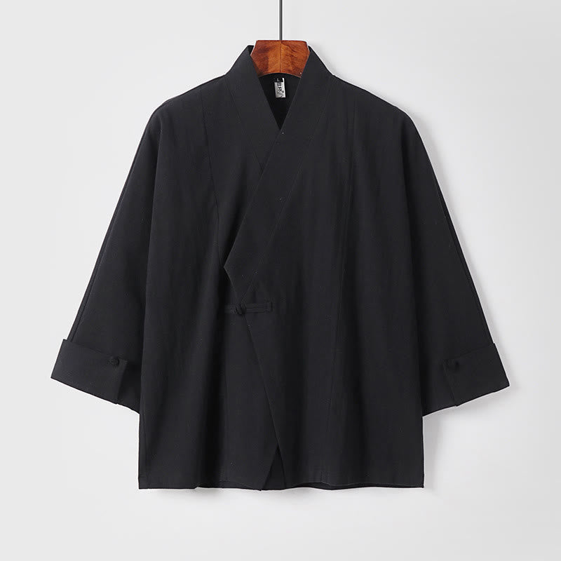 Chaqueta kimono de algodón y lino para hombre, estilo chino, con botones de rana y Buddha Stones, de media manga - Negro - US/UK/AU54, EU64 (9XL) - image 10