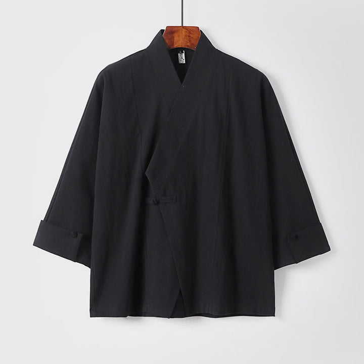 Chaqueta kimono de algodón y lino para hombre, estilo chino, con botones de rana y Buddha Stones, de media manga - Negro - US/UK/AU54, EU64 (9XL) - image 10