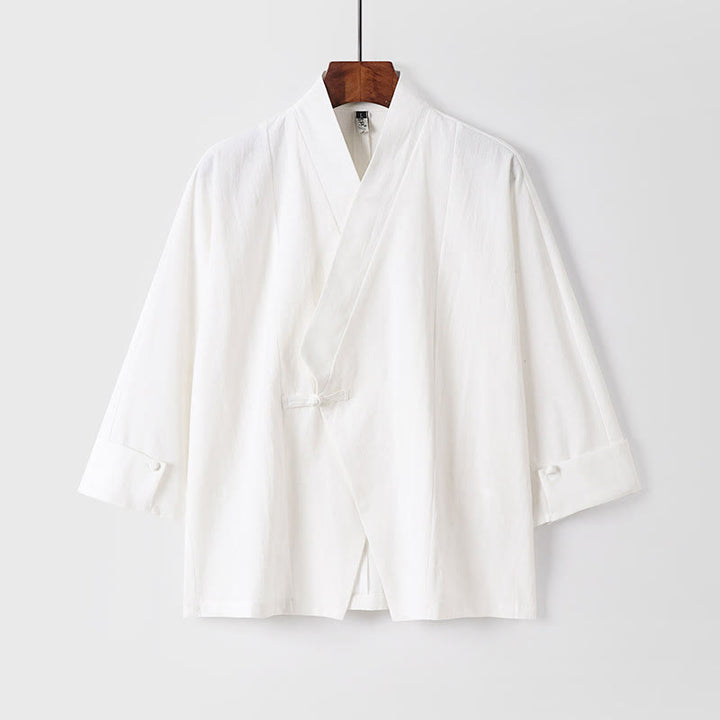 Chaqueta kimono de algodón y lino para hombre, estilo chino, con botones de rana y Buddha Stones, de media manga - Blanco - US/UK/AU54, EU64 (9XL) - image 12