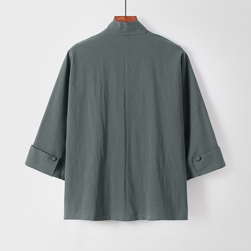 Chaqueta kimono de algodón y lino para hombre, estilo chino, con botones de rana y Buddha Stones, de media manga - image 2