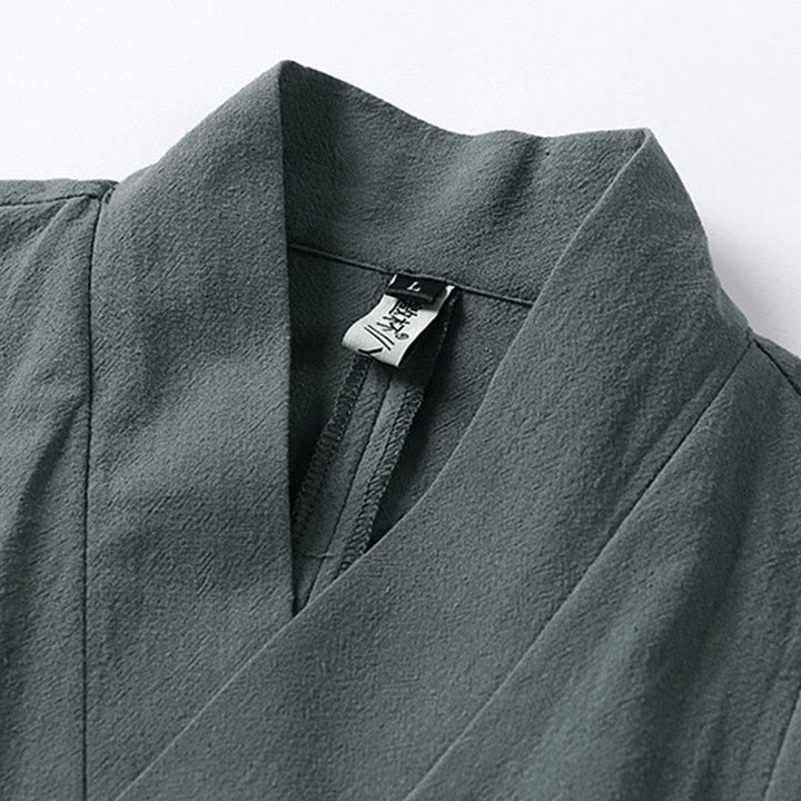 Chaqueta kimono de algodón y lino para hombre, estilo chino, con botones de rana y Buddha Stones, de media manga - image 3