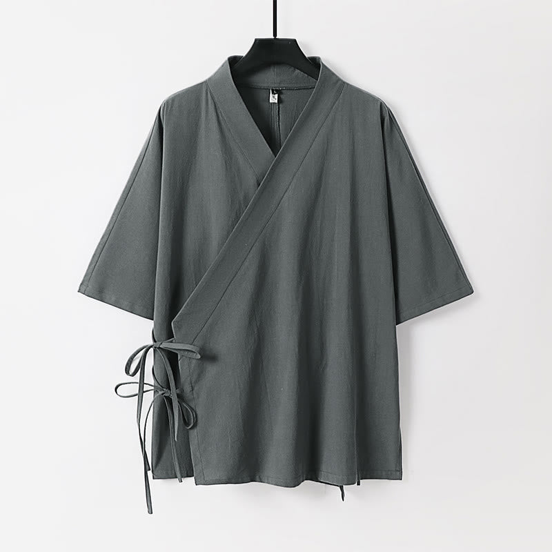 Kimono de lino y algodón con mangas tres cuartos para hombre, con estampado de Buddha Stones, liso, con cordones - Gris - US/UK/AU54, EU64 (9XL) - image 0