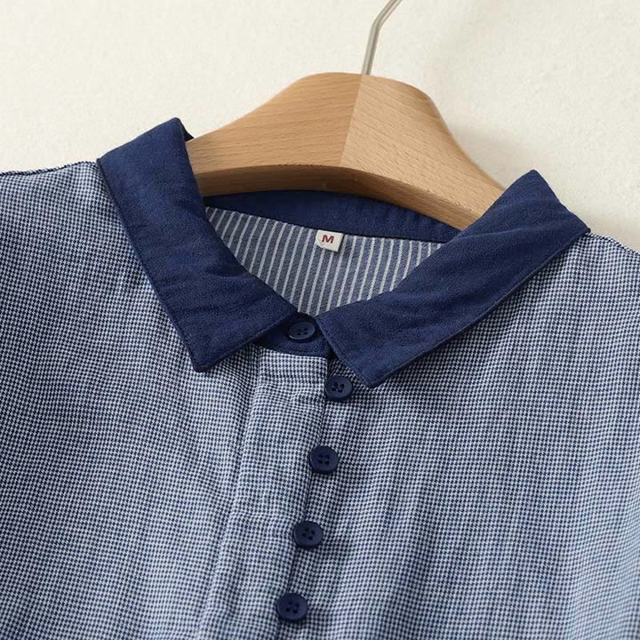 Camisa de manga larga para mujer con diseño de bloques de color azul a rayas y cuello alto con botones y estampado Buddha Stones Fall - image 2