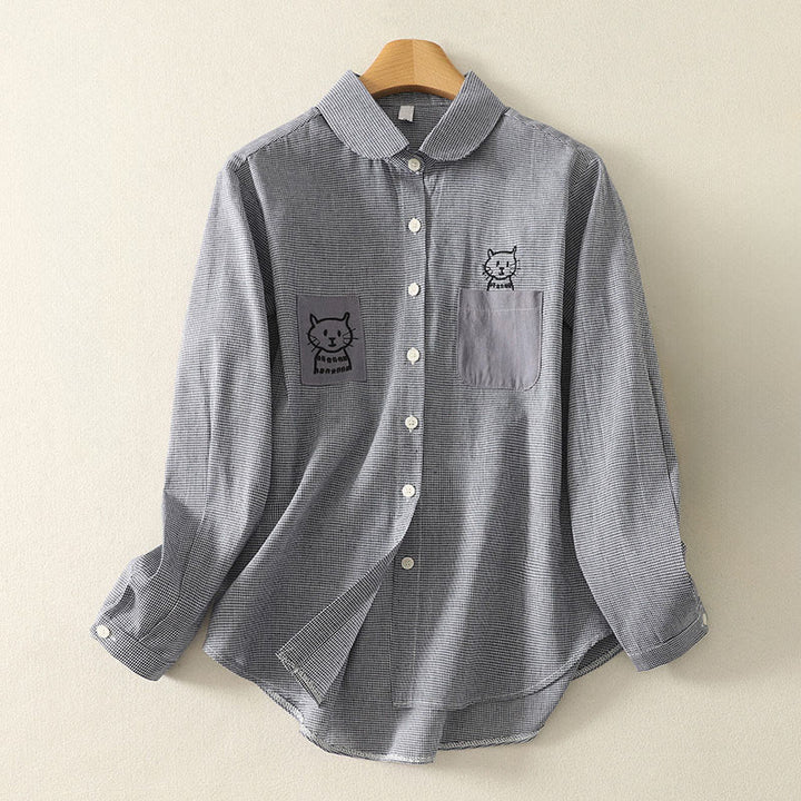 Camisa de manga larga para mujer con cuello alto, botones y diseño de gato y gatito con bordado de Buddha Stones - Gris claro - US8-10，UK/AU12-14，EU40-42 (2XL) - image 0