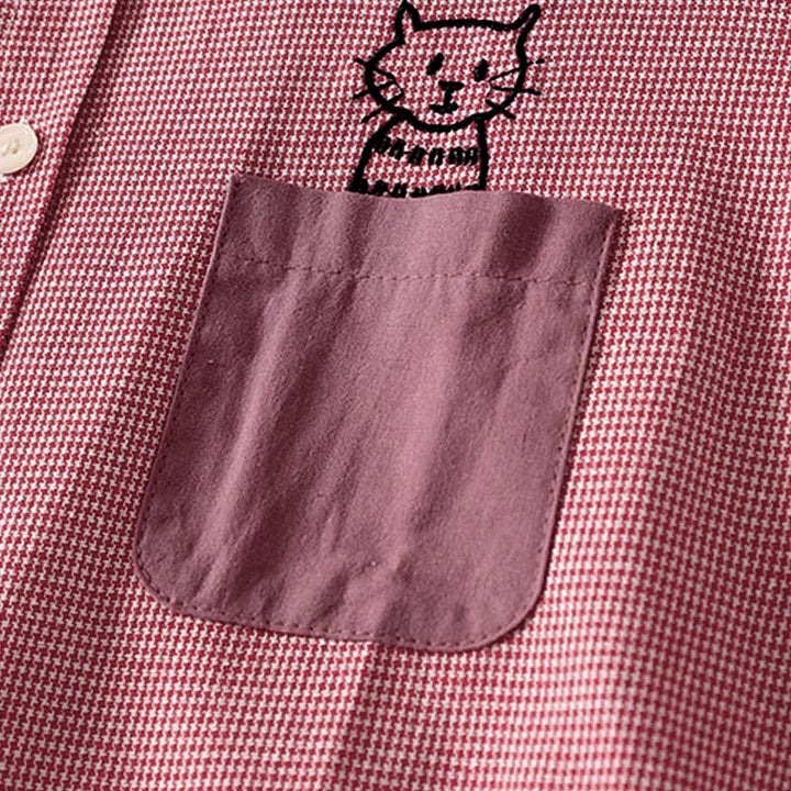 Camisa de manga larga para mujer con cuello alto, botones y diseño de gato y gatito con bordado de Buddha Stones - image 10