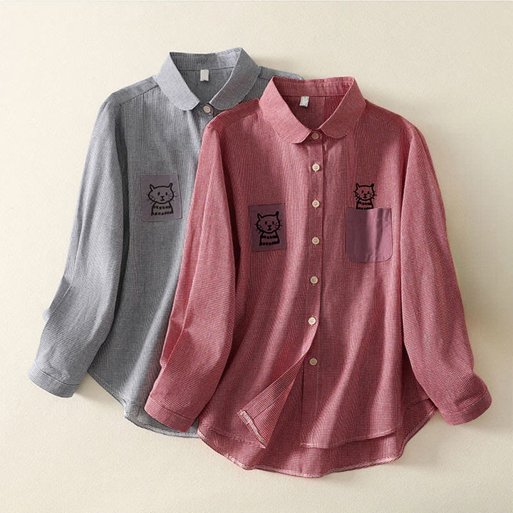 Camisa de manga larga para mujer con cuello alto, botones y diseño de gato y gatito con bordado de Buddha Stones - image 16