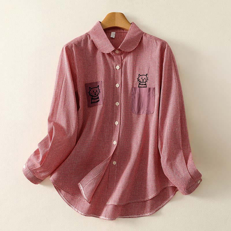Camisa de manga larga para mujer con cuello alto, botones y diseño de gato y gatito con bordado de Buddha Stones - Coral claro - US8-10，UK/AU12-14，EU40-42 (2XL) - image 5