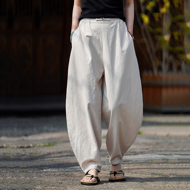Pantalones de lino y algodón para hombre, de pierna recta, con botones de rana chinos y bolsillos, de verano, con estampado de Buddha Stones - Beige - US/UK/AU46, EU56 (5XL) - image 0