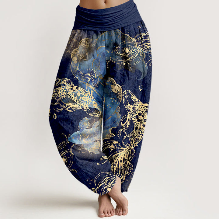 Pantalones Buddha Stones de algodón puro con estampado de peces koi para mujer, cintura elástica - Azul oscuro - US16，UK/AU20，EU48 (3XL) - image 0