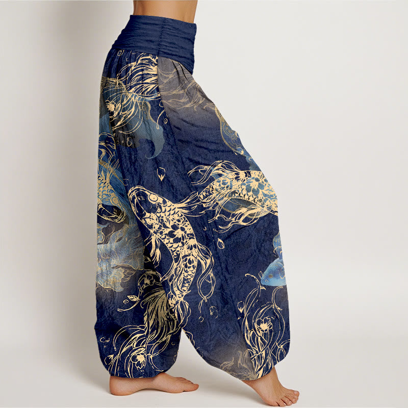 Pantalones Buddha Stones de algodón puro con estampado de peces koi para mujer, cintura elástica - image 2