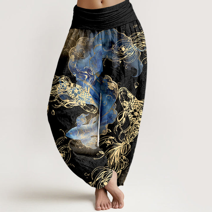 Pantalones Buddha Stones de algodón puro con estampado de peces koi para mujer, cintura elástica - Negro - US16，UK/AU20，EU48 (3XL) - image 5