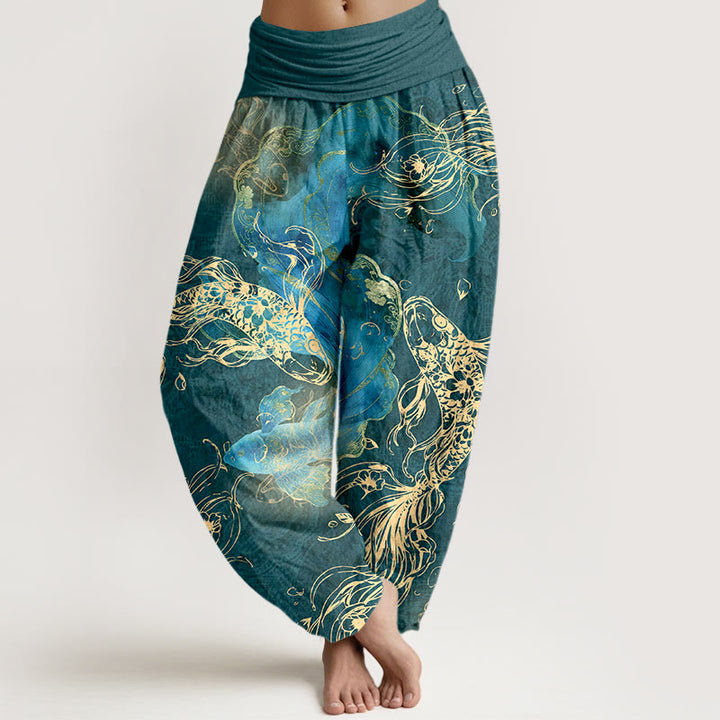 Pantalones Buddha Stones de algodón puro con estampado de peces koi para mujer, cintura elástica - Verde azulado - US16，UK/AU20，EU48 (3XL) - image 8