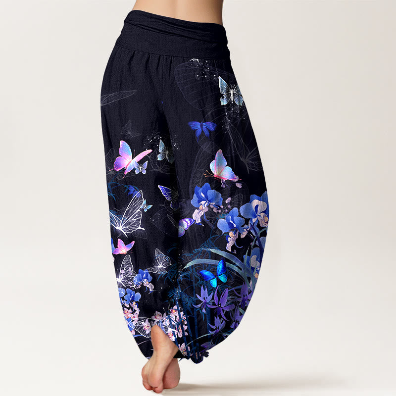Pantalones harén de cintura elástica para mujer con diseño de flores de mariposa y bambú, de algodón puro y piedras de Buddha Stones - image 1